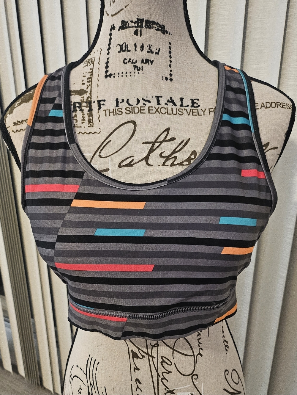 Striped Performance Sports Bra - Gray with Teal, Coral & Orange EUC